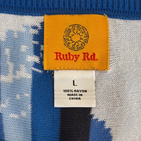 Ruby Rd. Blue, Black & White Floral Striped Tunic Dress Womens Large Rayon Boho - Picture 3 of 7